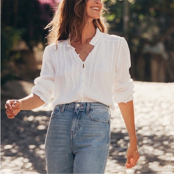 Faherty Tops - Faherty Willa Button Front Organic Cotton Ruffle Collar Embroidered White Top 22